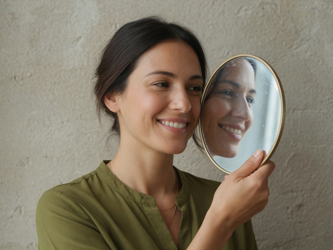 Paciente sorrindo ao se olhar no espelho.